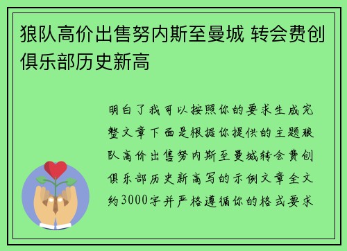 狼队高价出售努内斯至曼城 转会费创俱乐部历史新高